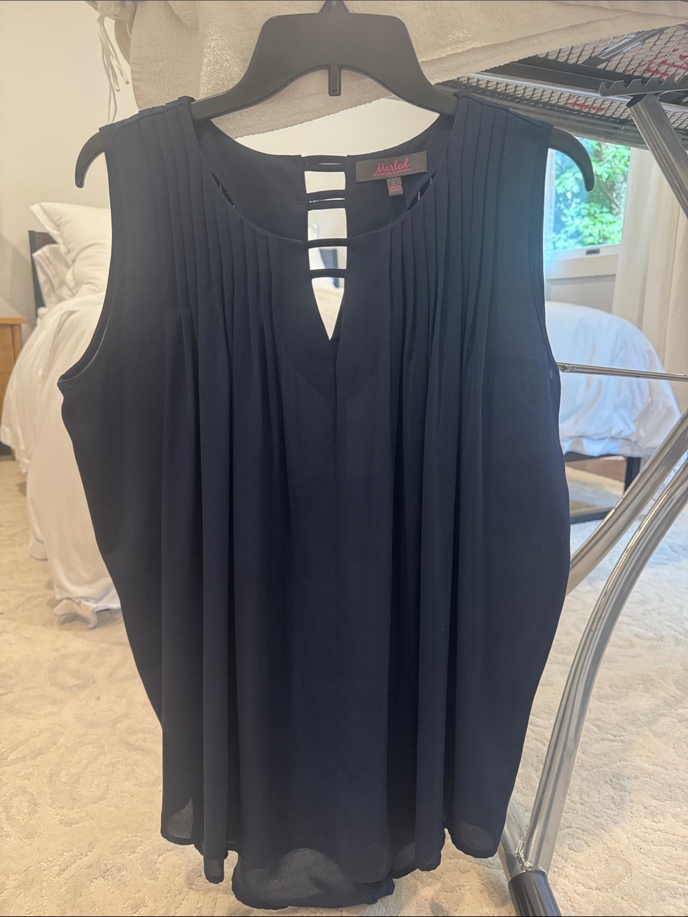 Marled Navy Pleated Ladder-Neck Sleeveless Camisole